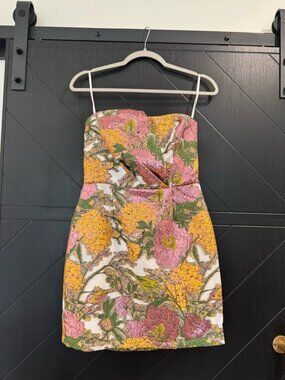Bright Strapless Floral Cocktail Dress in Yellow & Pink Size Medium NWT